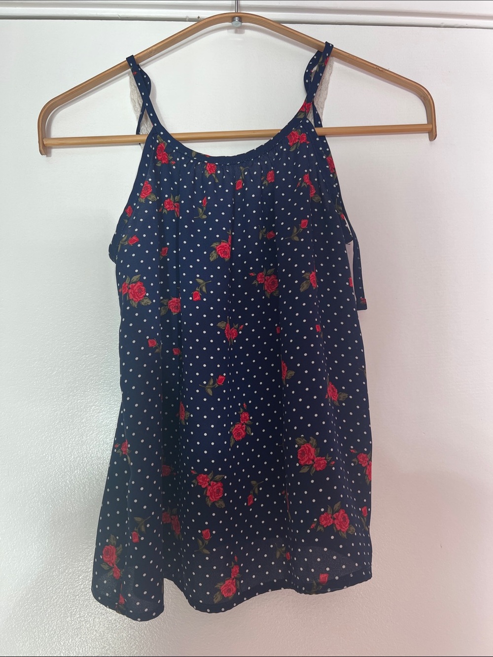 Navy Polka Dot Tank Top with Red Rose Print and Black Shirt with Eyelet Sleeve